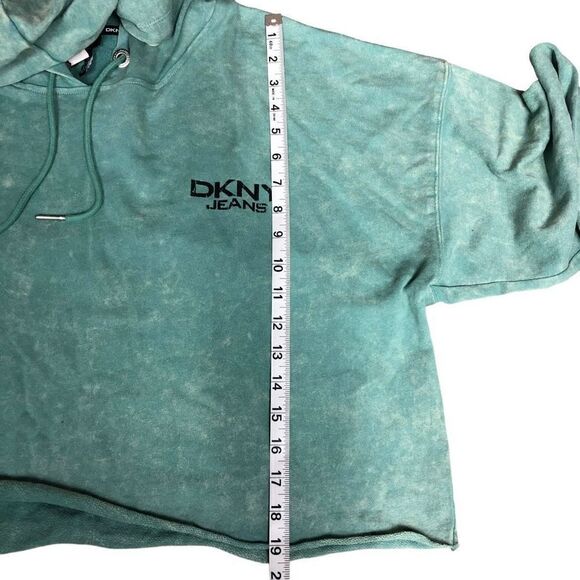 DKNY Hoodie Drawstring Cropped Green Yellow Tie Dye Left Chest Logo Pullover XL - Picture 5 of 15